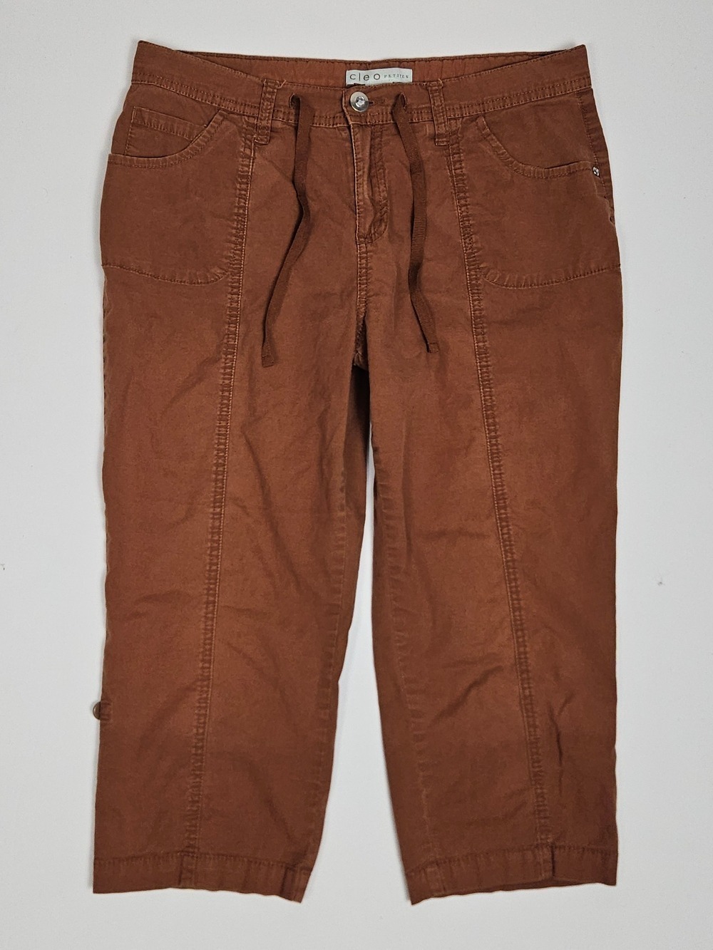 5/$25 Cleo Petites Cropped Cargo Pants Size 8 Brown Rust Roll Tab Stretch Capris